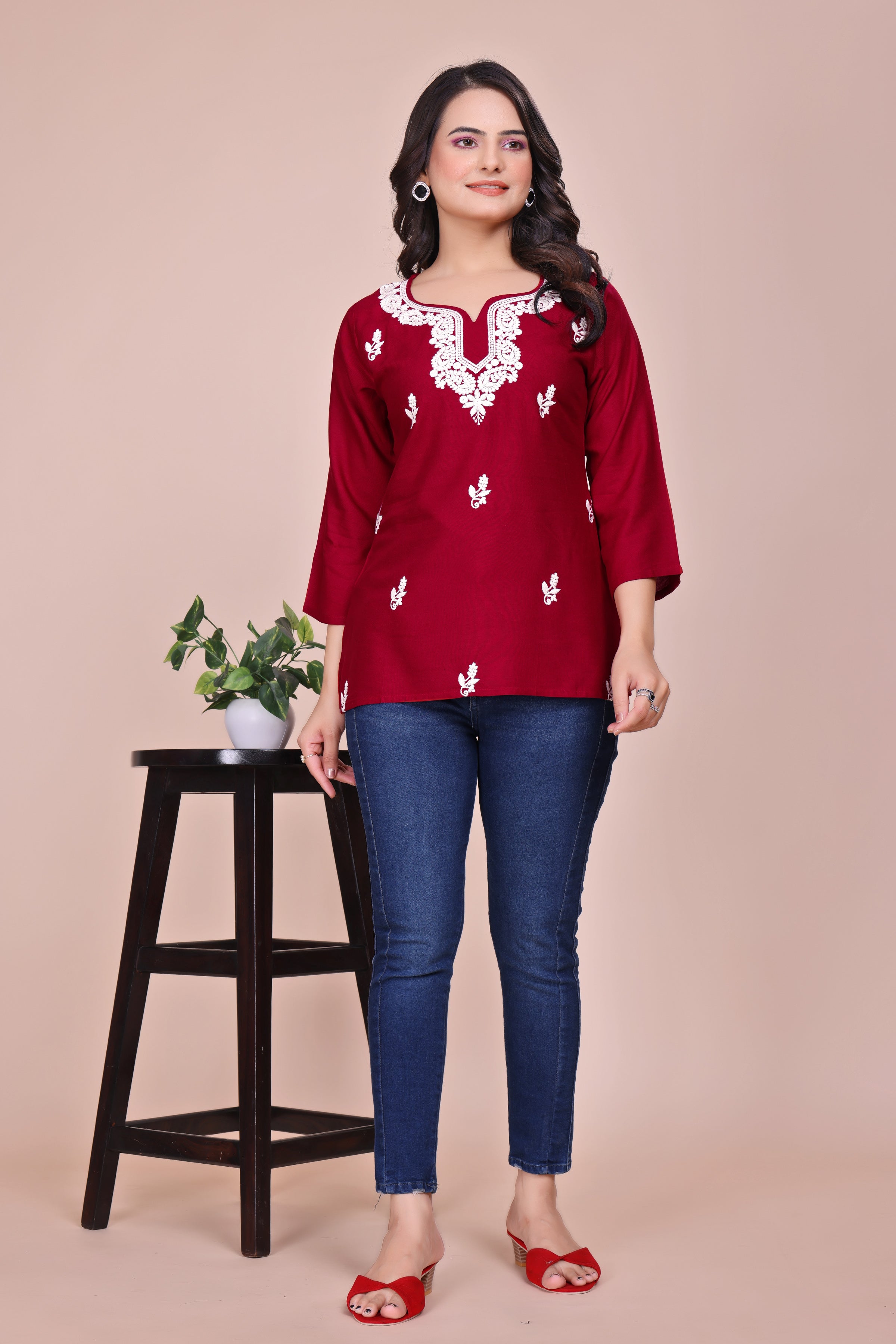 Maroon Viscose Rayon Embroidered Tunic with 3/4 Sleeves